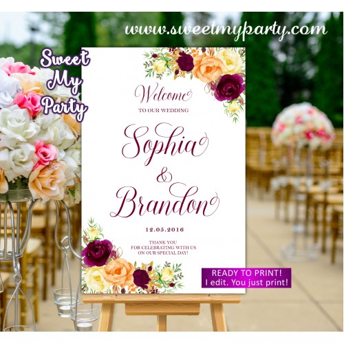 Burgundy Orange Wedding Welcome Sign,Fall Wedding Welcome sign,(107aw)